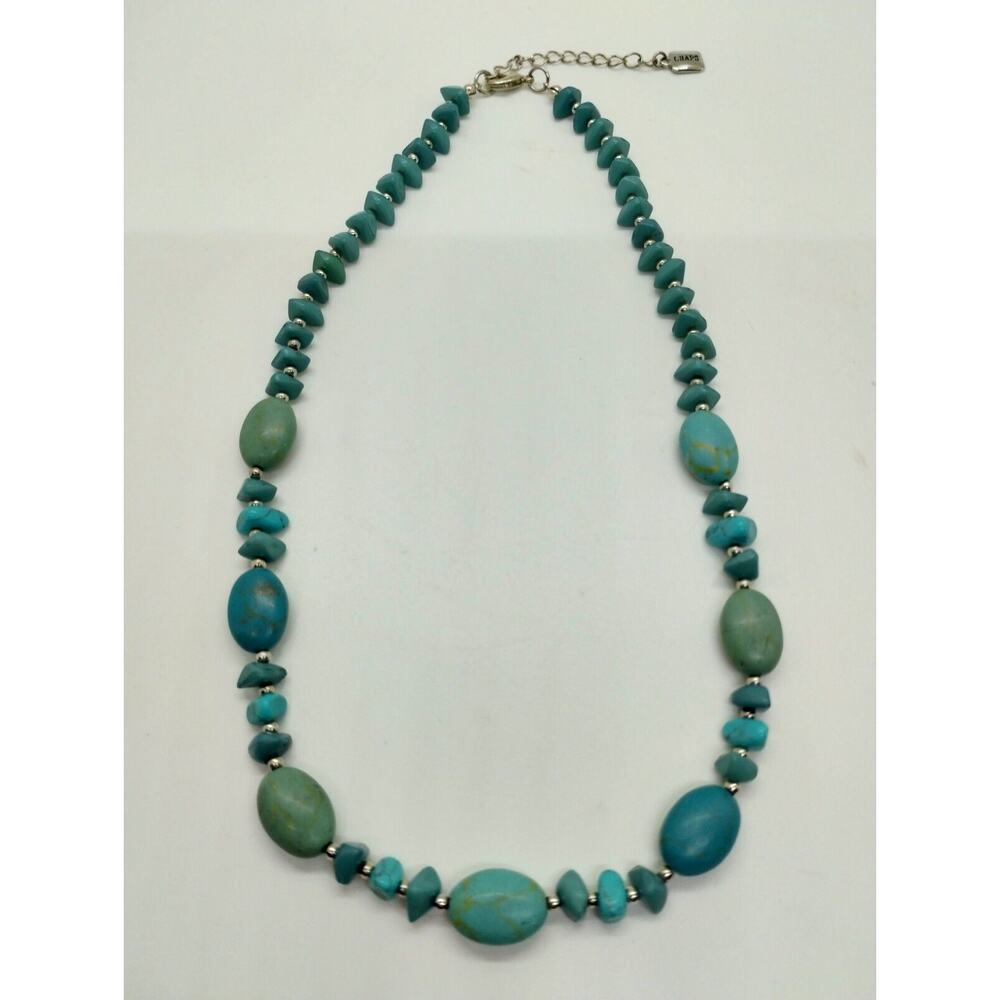 Chaps Silver Tone Faux Turquoise Colored Beads Necklace with Extender